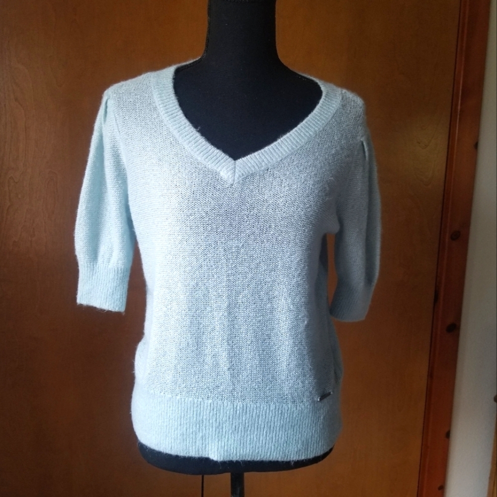Abercrombie & Fitch soft V-neck knit sweater light aqua puffed sleeves